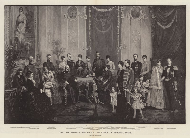 De overleden keizer Wilhelm en zijn familie, een herdenkingsscène (gravure) door German School