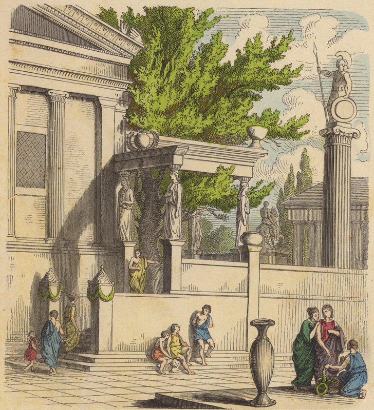 De heilige olijfboom op de Akropolis in Athene (gekleurde gravure) door German School