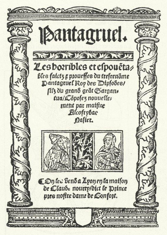 De titelpagina van de oudste bekende editie van Pantagruel, een roman van François Rabelais (gravure) door German School