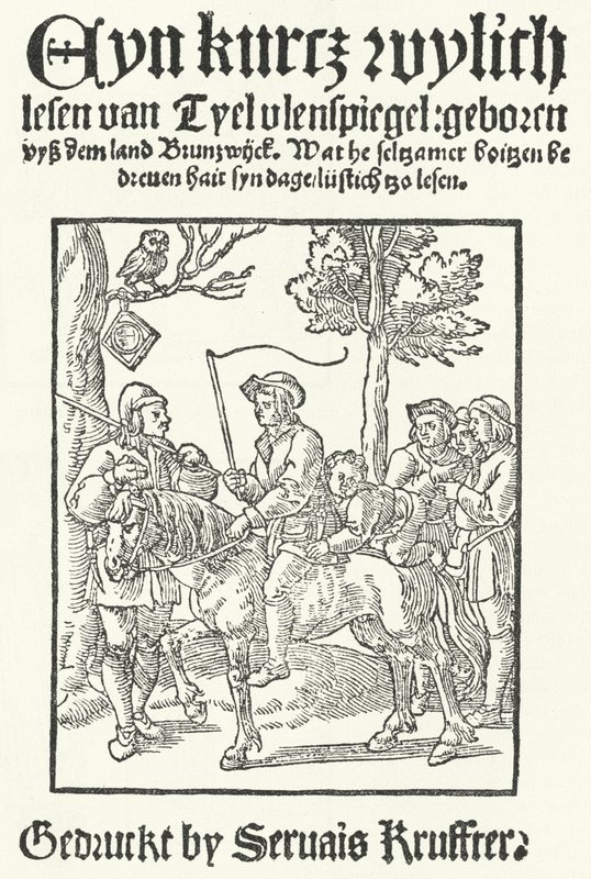 De titelpagina van de oudste bekende Nederduitse editie van Tijl Uilenspiegel, gedrukt door Servais Kruffter (gravure) door German School