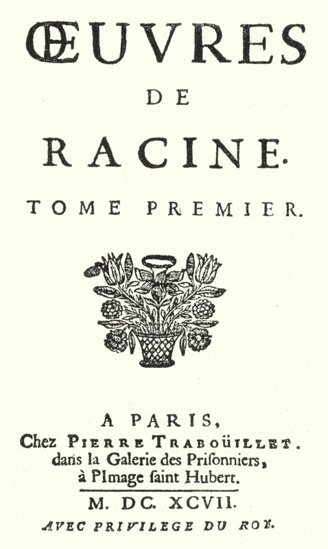 Titelpagina van een editie van het eerste deel van de volledige werken van Jean Racine, gepubliceerd in 1697 door German School