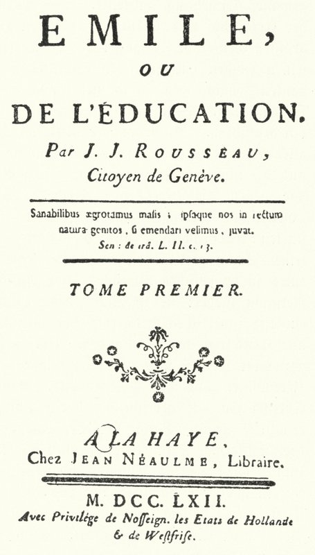 Titelpagina van de eerste editie van Emile door Jean-Jacques Rousseau, gepubliceerd in 1762 door German School