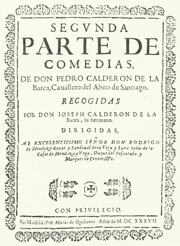 Titelpagina van het tweede van vier delen van de Comedias van Calderon, gepubliceerd in 1637 door German School