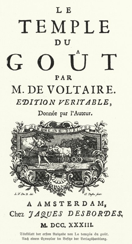 Titelpagina van de eerste editie van Franse schrijver en filosoof Voltaire