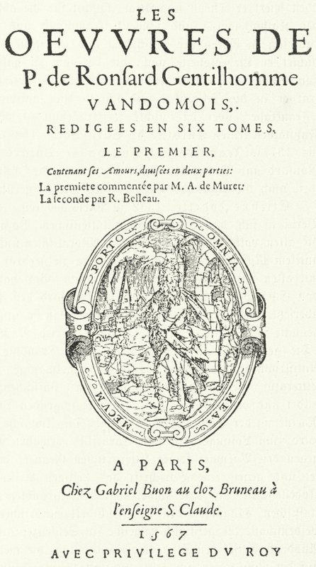 Titelpagina van het eerste deel van de zeldzame en zeer populaire tweede editie van de werken van Pierre de Ronsard, gepubliceerd in zes delen door de dichter zelf (gravure) door German School