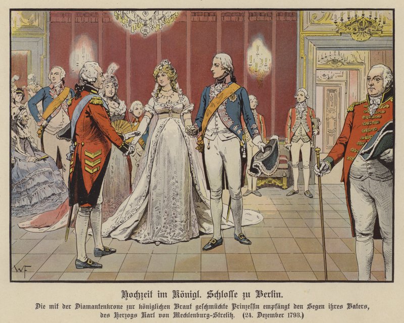 Huwelijk van Kroonprins Frederik Willem van Pruisen en Prinses Louise van Mecklenburg-Strelitz in het Koninklijk Paleis, Berlijn, 24 december 1793 door German School