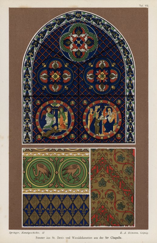 Raam uit de Basiliek van St Denis en muurschildering uit de Sainte-Chapelle, Parijs, Frankrijk door German School