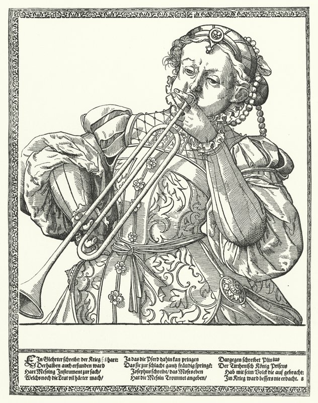 Vrouw die een trombone of sackbut bespeelt door German School