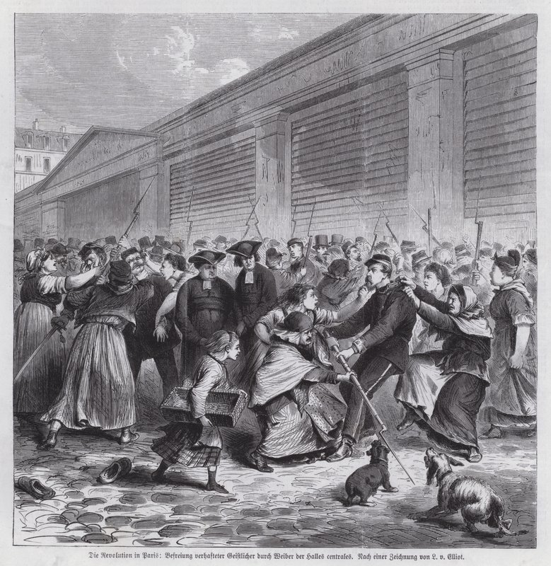Vrouwen van de markt van Les Halles bevrijden leden van de geestelijkheid uit gevangenschap, Parijs Commune door German School