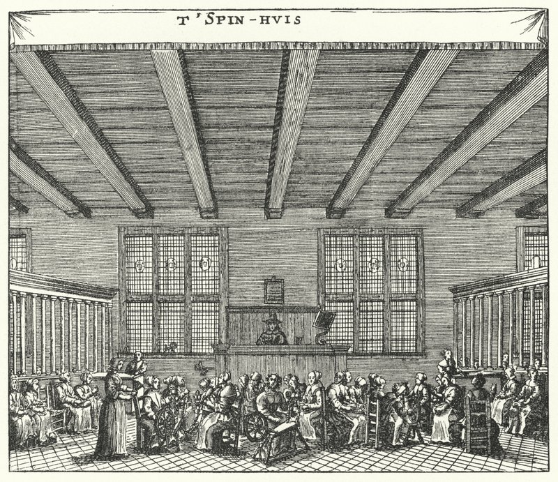 Vrouwelijke gevangenen in het Spinhuis in Amsterdam gedwongen te spinnen als een methode van correctie voor prostitutie en andere misdaden (gravure) door German School