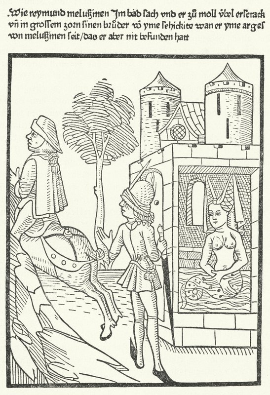 Houtsnede die een scène uit de legende van Melusine afbeeldt door German School