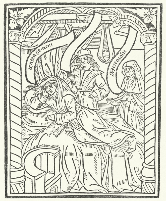 Houtsnede uit de eerste editie van werken van Alain Chartier (gravure) door German School