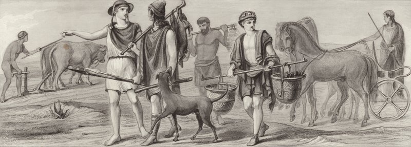Werk en beroepen in het oude Griekenland. Illustratie voor Bilder-Atlas door German School