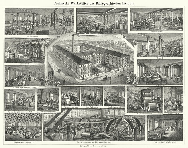 Werkplaatsen van het Bibliographisches Institut, Leipzig, Duitsland (gravure) door German School