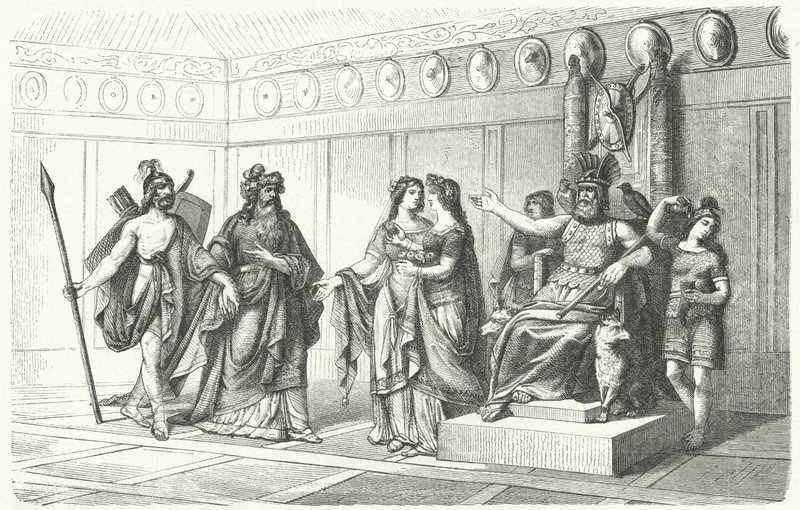 Wotan ontvangt de muzikanten geïntroduceerd door Bragi, de god van poëzie en zang door German School