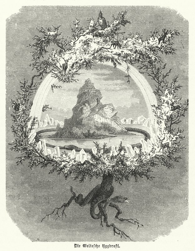 Yggdrasil, mythische es van de Noorse kosmologie door German School