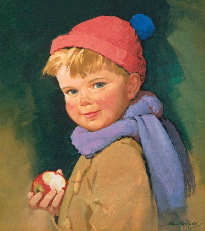 Jongen eet appel (kleurenlitho) door Gerritt Vandersyde
