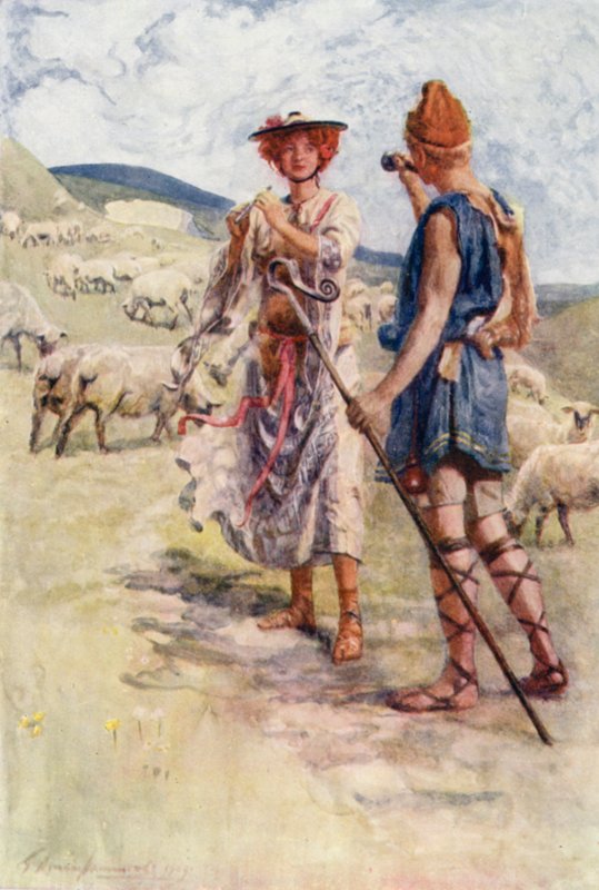 Calidore en Pastorella (kleur litho) door Gertrude E. Demain (after) Hammond