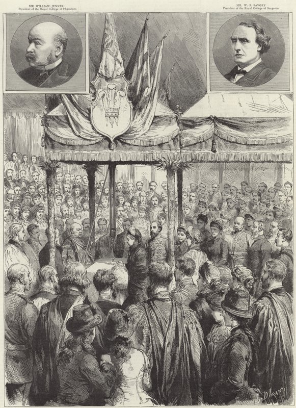 De koningin legt de eerste steen van de nieuwe medische onderzoekshal op de Victoria Embankment (gravure) door Godefroy Durand