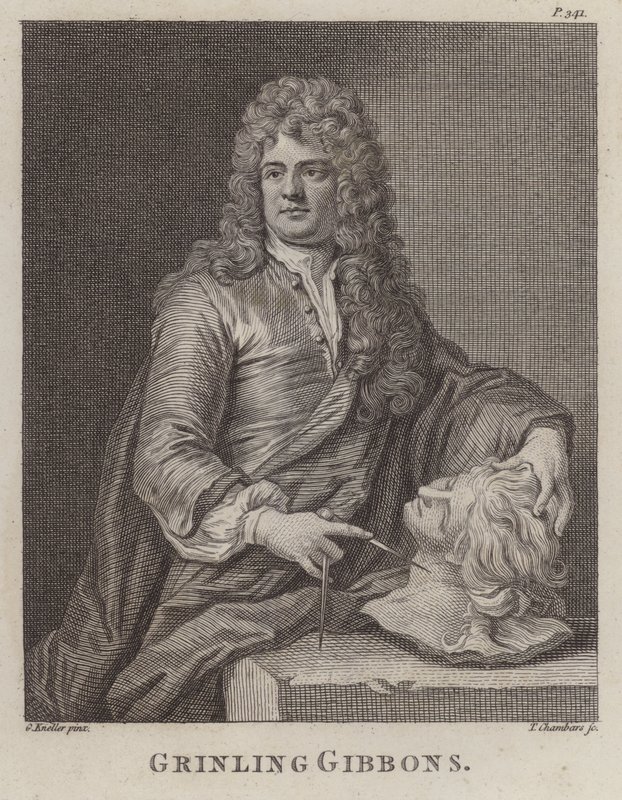 Grinling Gibbons, Engelse houtsnijder en beeldhouwer (gravure) door Godfrey (after) Kneller