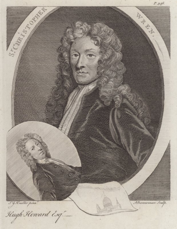 Sir Christopher Wren, Engelse architect, en Hugh Howard, Engelse kunstenaar en verzamelaar (gravure) door Godfrey (after) Kneller
