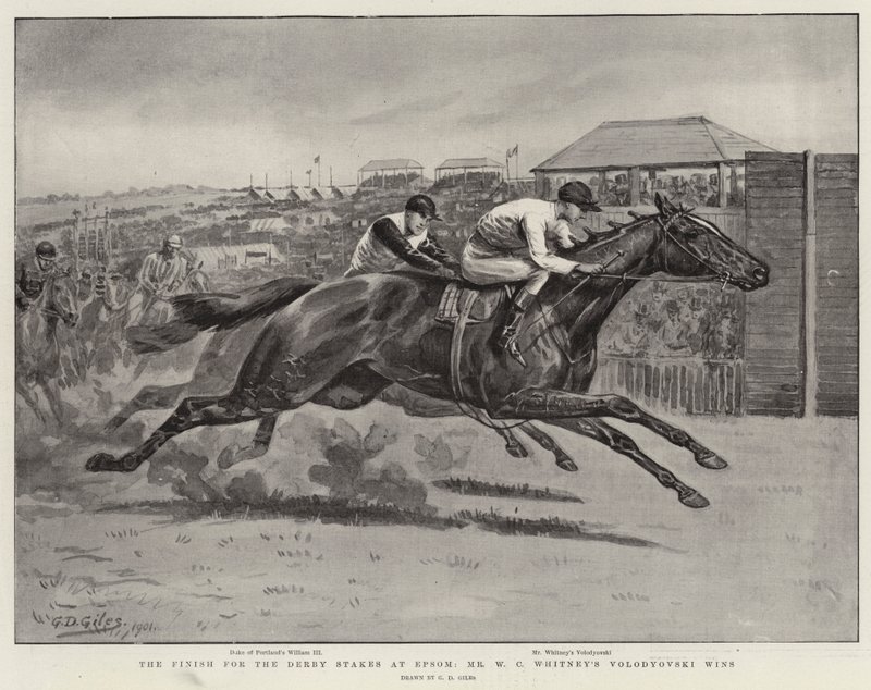 De finish van de Derby Stakes in Epsom, Mr W C Whitney
