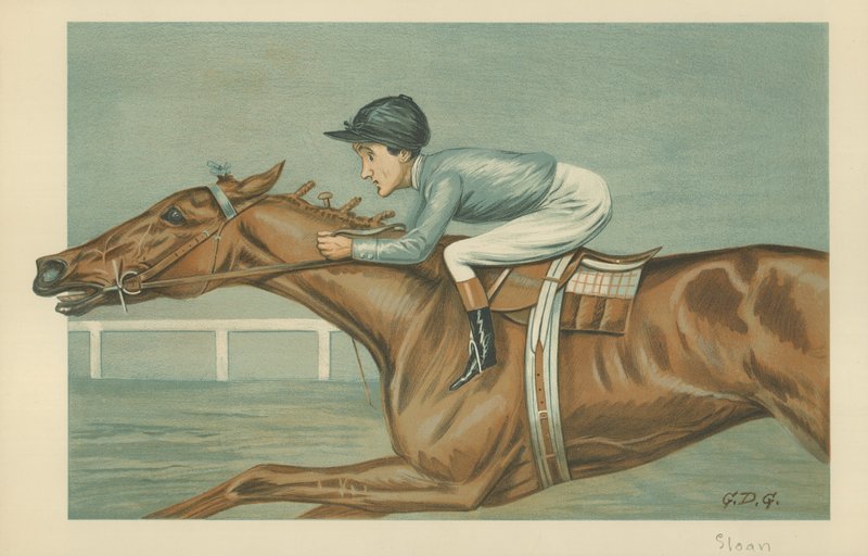 Tod Sloan, een Amerikaanse jockey, 25 mei 1899, Vanity Fair cartoon door Godfrey Douglas Giles