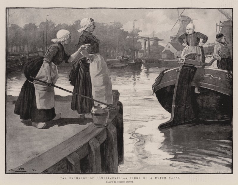 Een uitwisseling van complimenten, een scène op een Nederlandse gracht door Gordon Frederick Browne