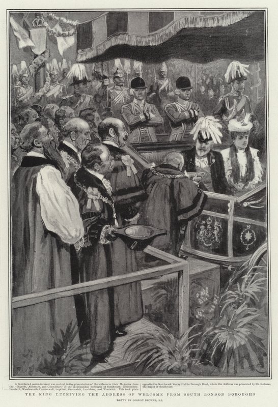 De koning ontvangt het welkomstadres van de zuidelijke Londense gemeenten door Gordon Frederick Browne