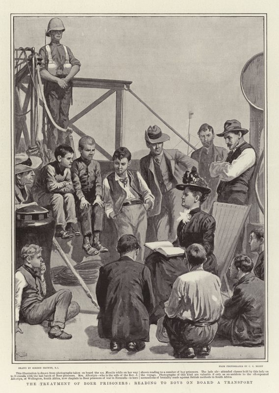De behandeling van Boerengevangenen, lezen voor jongens aan boord van een transport door Gordon Frederick Browne