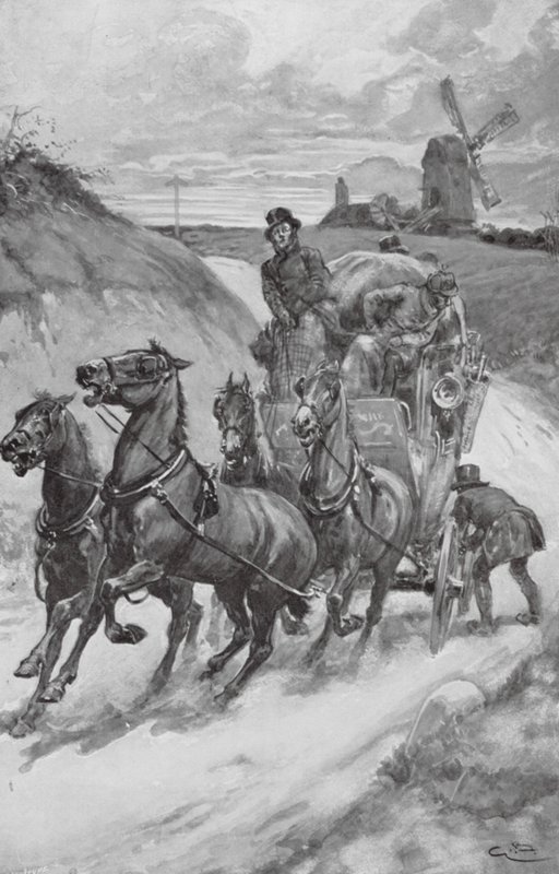 Een postkoets in vroegere tijden door Gordon Frederick (after) Browne