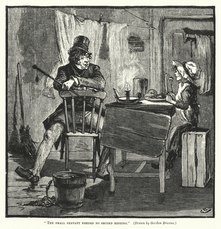 De kleine dienaar had geen tweede uitnodiging nodig (gravure) door Gordon Frederick (after) Browne