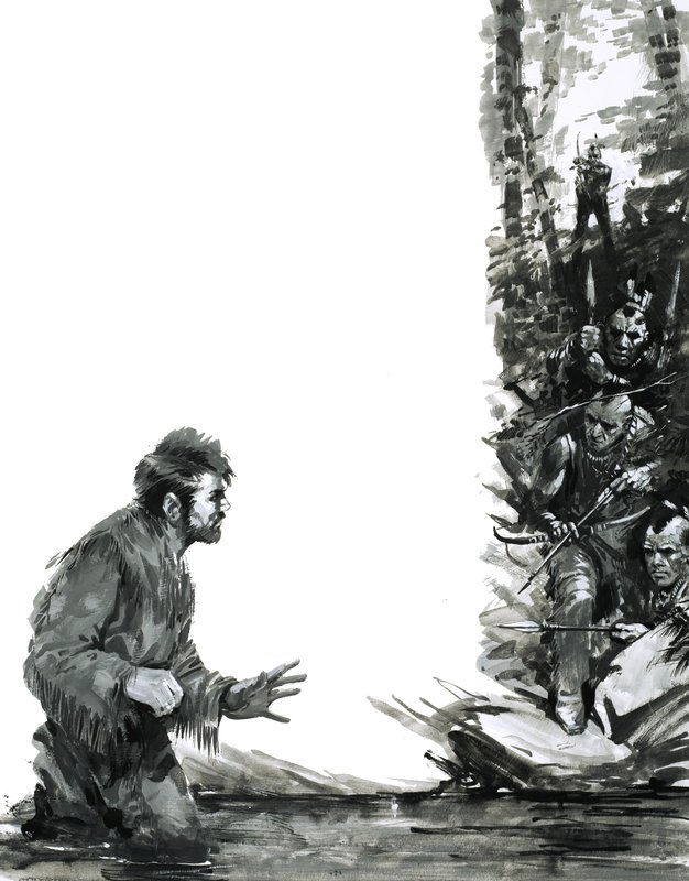 Alexander Mackenzie wordt bedreigd door Indianen terwijl hij door een rivier waadt door Graham Coton
