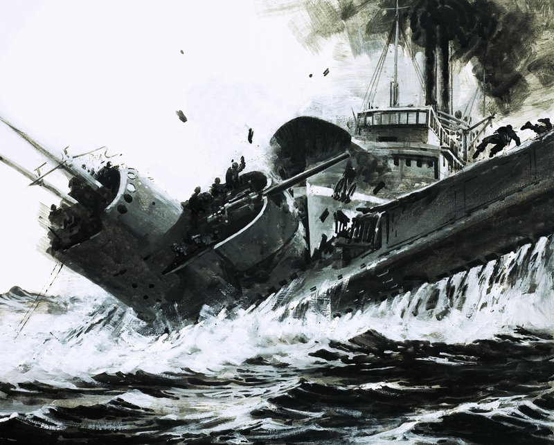 In de Chinese Zeeën in 1930 ramde het 2.000 ton metende stoomschip Yuta de zijkant van de onderzeeër Poseidon. door Graham Coton