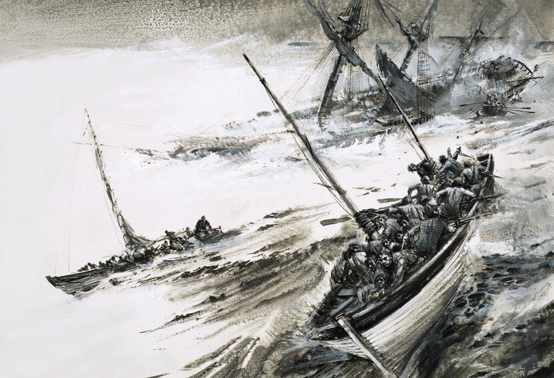 Ongeïdentificeerd scheepswrak met reddingsboten die ontsnappen in stormachtige zeeën door Graham Coton