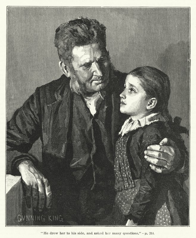 "Hij trok haar naar zich toe en stelde haar veel vragen" (gravure) door Gunning (after) King