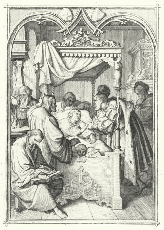 Johannes, keurvorst van Saksen, bezoekt Maarten Luther in het ziekenhuis (gravure) door Gustav Ferdinand Leopold Konig