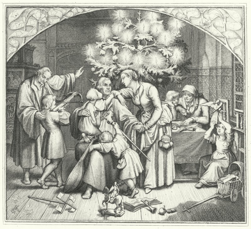 Maarten Luther en zijn familie genieten van het feestseizoen (gravure) door Gustav Ferdinand Leopold Konig