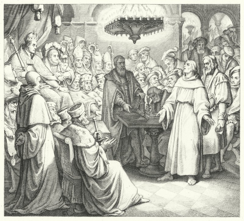 Maarten Luther verschijnt voor keizer Karel V op de Rijksdag van Worms (gravure) door Gustav Ferdinand Leopold Konig