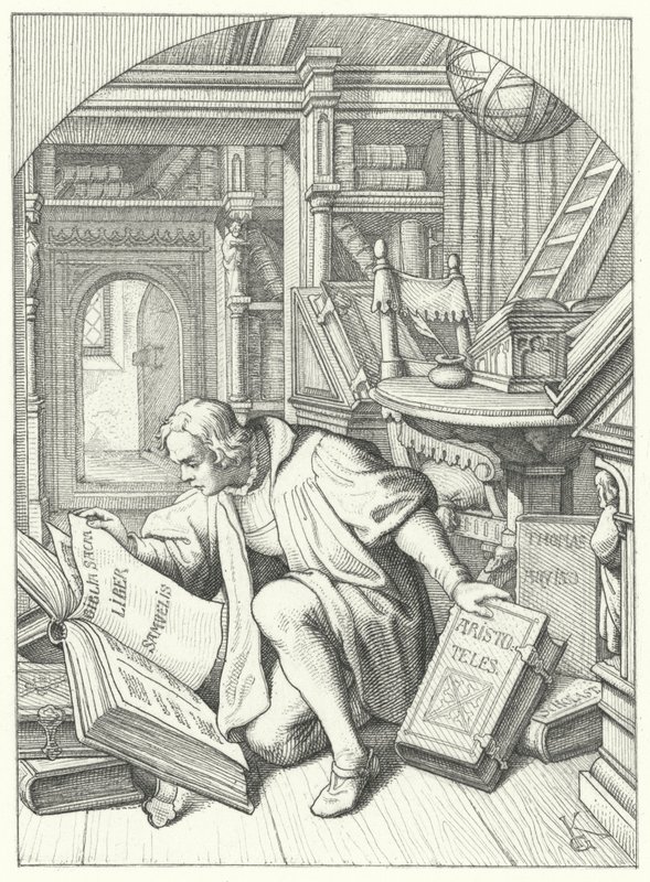 Maarten Luther ontdekt een Latijnse Bijbel in de bibliotheek van de Universiteit van Erfurt (gravure) door Gustav Ferdinand Leopold Konig