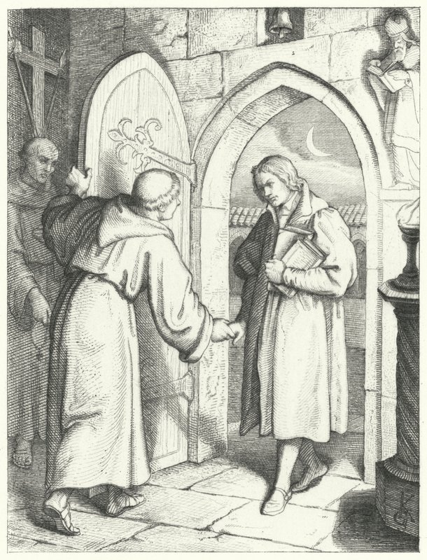 Maarten Luther betreedt het Augustijnenklooster in Erfurt op 17 juli 1505 door Gustav Ferdinand Leopold Konig