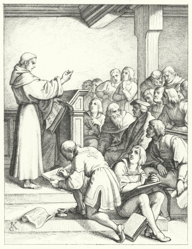 Maarten Luther in een filosofie- en theologiecollege voor zijn bachelordiploma door Gustav Ferdinand Leopold Konig