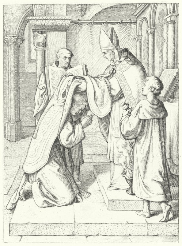 Maarten Luther wordt tot priester gewijd door Jerome Scultetus, bisschop van Brandenburg in de kathedraal van Erfurt, 3 april 1507 door Gustav Ferdinand Leopold Konig
