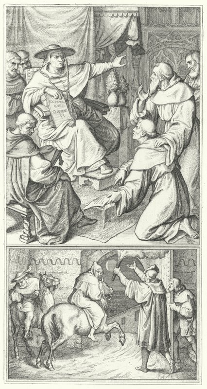 Maarten Luther verlaat de pauselijke legaat in Wittenberg, Thomas Cajetan (boven). Maarten Luther verlaat de stad Augsburg (onder) (gravure) door Gustav Ferdinand Leopold Konig