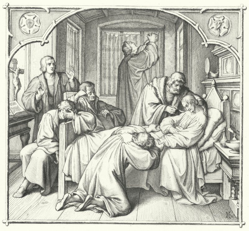Maarten Luther bidt aan het sterfbed van Philip Melanchthon (gravure) door Gustav Ferdinand Leopold Konig