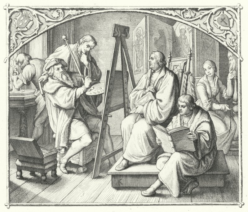 Maarten Luther zit voor een schilderij door Lucas Cranach de Oude (gravure) door Gustav Ferdinand Leopold Konig