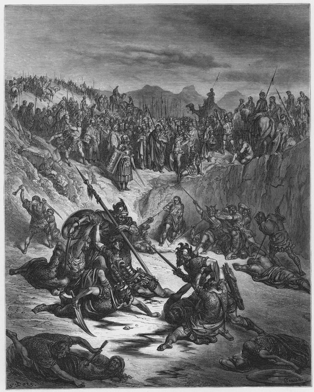 Gustave Doré Bijbel: Gevecht tussen de kampioenen van Isboset en David door Gustave Dore