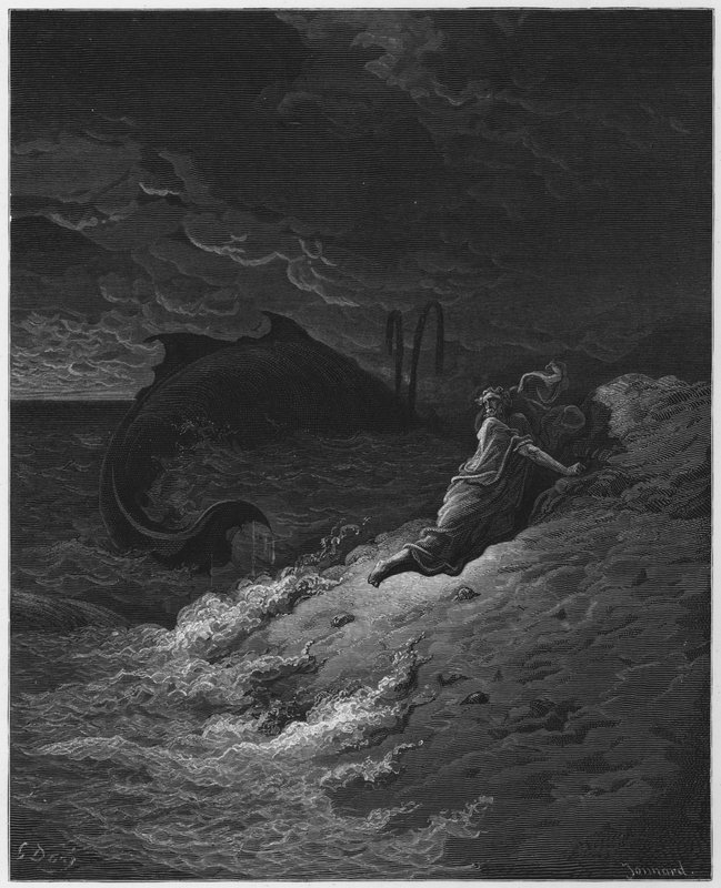 Jona uitgespuwd door de walvis door Gustave Dore