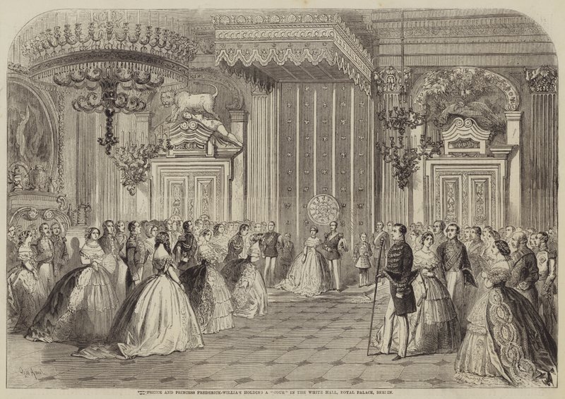 Prins en Prinses Frederik-Willem houden hof in de Witte Hal, Koninklijk Paleis, Berlijn door Gustave Janet