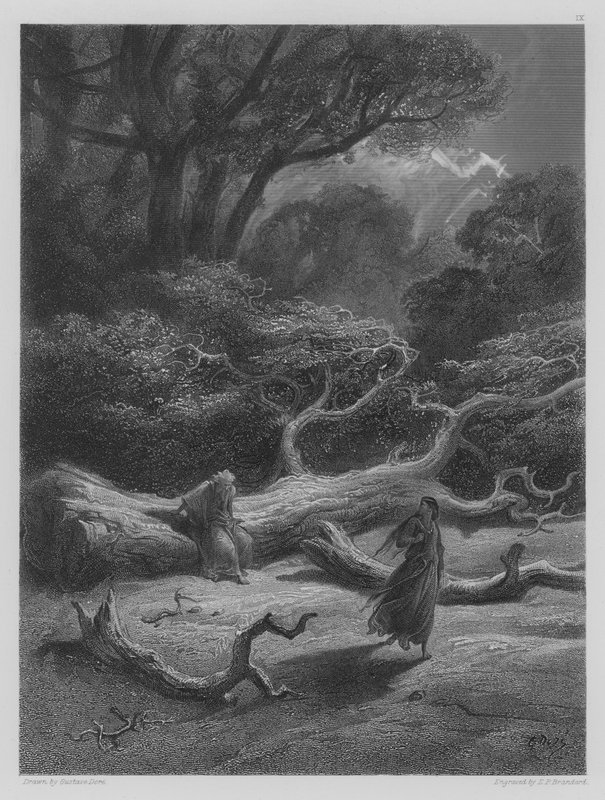 Vivien sluit Merlin op in de boom door Gustave after Dore